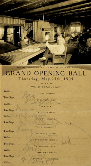 A brown paper card with a photograph on top and text on the bottom. The text says grand opening ball thursday may twenty fifth nineteen oh five. Below there are names of dances and next to each name is someone's signature. In the photograph two people sit reading the newspaper at a large wooden table in a large room with ceilings made of thick wood beams. A fire burns in the fireplace. 